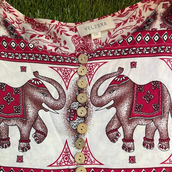 Boho Hippie Red & White Elephant Print Dress Tunic with Balloon Puff Sleeves 3XL - Picture 4 of 4